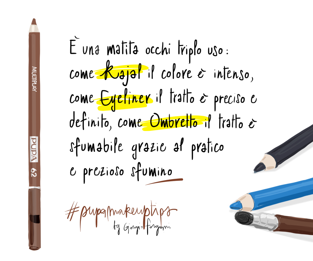Make Up Tips: E’ una matita occhi triplo uso: come Kajal il colore è intenso, come Eyeliner il tratto è preciso e definito, come Ombretto il tratto è sfumabile grazie al pratico e prezioso sfumino. (PUPA multiplay n. 62)